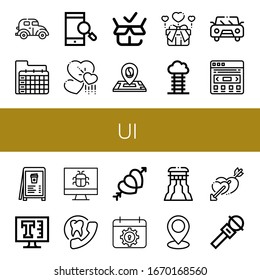 ui simples iconos set. Contiene iconos como Camión, Calendario, Smartphone, Corazones, Paquete, Ubicación, Amor, Objetivo, Control deslizante, Menú, Texto, Pantalla, Cita, se pueden utilizar para web, móvil y logotipo