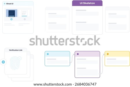 UI Skeleton Wireframe Blueprint. Modern Interface Flow Diagram UX Planning Chart. Minimal Dialog Window Template App Structure. Product Design Verification Process. Workflow Architecture, Prototype