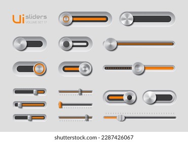 Botones de barra deslizante Ui con botones ajustables para controlar audio y video. Elementos de diseño intuitivo vectorial para ajustes fáciles de volumen y escala de tiempo, para contenido multimedia o interfaces de software