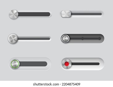 UI slider bar buttons, control, web interface volume slide toggles, realistic vector. Slider buttons for switch off, website or app menu bars and settings switcher controls in music player UI