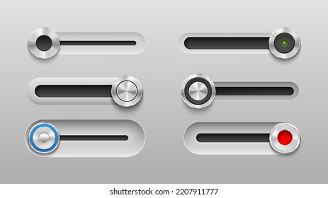 UI slider bar buttons, volume slide toggles and switch control, vector web interface. Realistic metal slider buttons for music player or equalizer and menu settings, switch on and off toggles