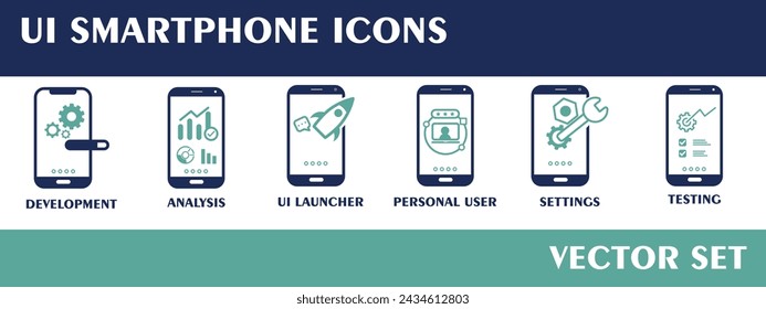 UI Smartphone icons. Containing Development, UI Launcher, Personal User, Settings, Testing, Analysis. Flat Design Vector.  