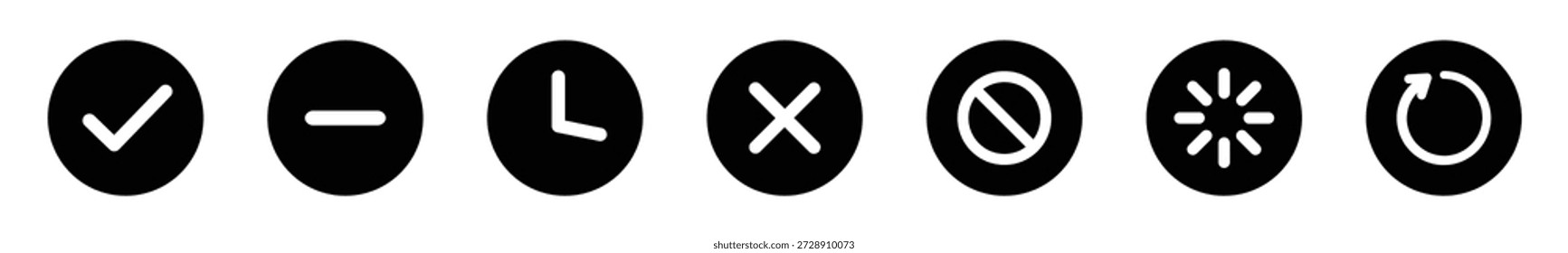Ícone do indicador de status da interface do usuário definido mostrando símbolos ativos, inativos, pendentes, desabilitados, de processamento, de buffer com verificação, menos, temporizador, cruzado, banir, girador para aplicativo, Internet e interface da Web 