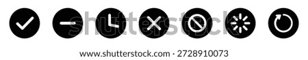 UI status indicator icon set showing active, inactive, pending, disabled, processing, buffering states with check, minus, timer, cross, ban, spinner symbols for app, internet and web interface 