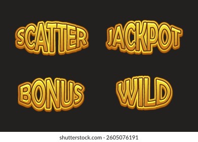 UI symbols set-WILD,Jackpot, Bonus and Scatter for casino or slots games. Golden icons for game asset