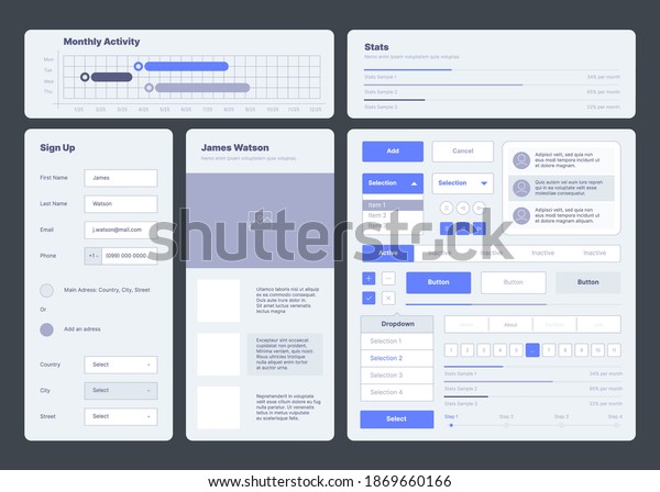 Ui template. Web\
dashboard elements buttons dividers menu symbols ux layout garish\
vector collection