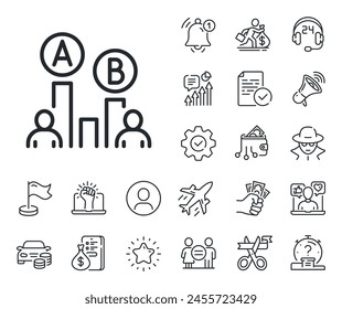 Ui test chart sign. Salaryman, gender equality and alert bell outline icons. Ab testing line icon. Ab testing line sign. Spy or profile placeholder icon. Online support, strike. Vector