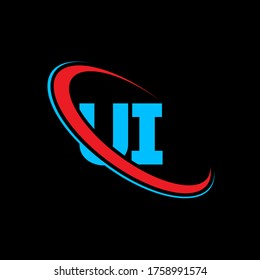 UI U I letter logo design. Initial letter UI linked circle uppercase monogram logo red and blue. UI logo, U I design. ui, u i