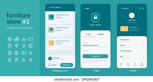 UI user interface mobile app design layout interface of furniture online store e-commerce from login shopping cart to account profile page