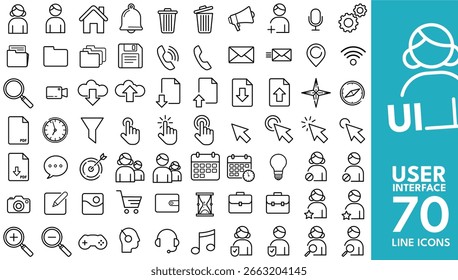 Interface do Usuário, Interface do Usuário - conjunto de ícones de vetor . Arquivo, salvar, chamar, mensagem e muito mais