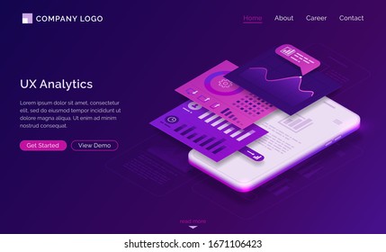 Página de inicio isométrica Ui ux Analytics, gráficos de tableros de teléfonos móviles y gráficos de diseño de análisis de datos. Desarrollo de interfaz de experiencia de usuario de aplicaciones móviles, diseño de software de gadget, banner web 3d vectorial