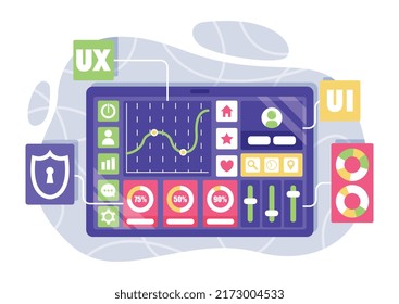 UI UX app development. Graphic elements for website. Programming and coding. Modern technologies and digital world. Working with statistics and infographics. Cartoon flat vector illustration