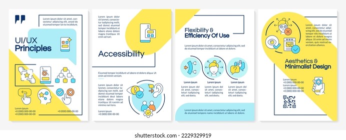 UI UX basics blue and yellow brochure template. User interface. Leaflet design with linear icons. Editable 4 vector layouts for presentation, annual reports. Questrial, Lato Regular fonts used