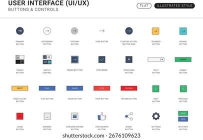 UI Botões UX Controla Linha Ícones Pacote Estilo Ilustrado Plano