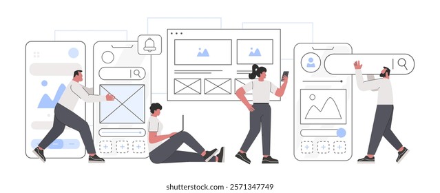 UI and UX concept. Designers creating and testing functional interface for mobile apps. Team characters working on web interface and app development. Vector illustration isolated on white background.