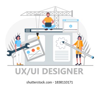 UI, UX-Konzeptvektor. Designer erstellen das Design der Zielseite. Benutzerschnittstelle und Benutzerfreundlichkeit für den Aufbau einer verantwortlichen Website-Vorlage.