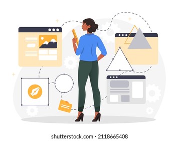 UI UX design abstract concept. Young woman stands in front of windows of site and develops user interface. Software and digital wireframing process. Cartoon contemporary flat vector illustration