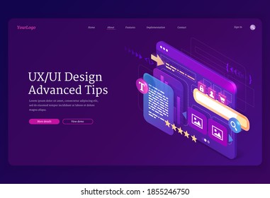 Ui ux design advanced tips isometric landing page. User experience, adaptive interface mobile phone layouts, website platform on screen. Gadget software application development, 3d vector web banner