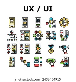 ui ux design agency user develop icons set vector. phone button, marketing website, web app, mobile office, computer wireframe ui ux design agency user develop color line illustrations