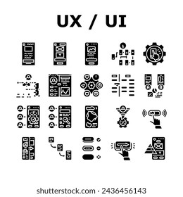 ui ux design agency user develop icons set vector. phone button, marketing website, web app, mobile office, computer wireframe ui ux design agency user develop glyph pictogram Illustrations