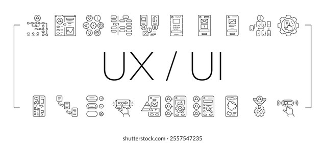 ui ux design agency user develop icons set vector. phone button, marketing website, web app, mobile office, computer wireframe ui ux design agency user develop black contour illustrations