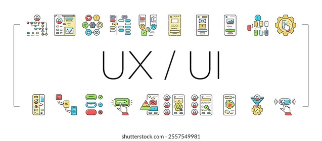 ui ux design agency user develop icons set vector. phone button, marketing website, web app, mobile office, computer wireframe ui ux design agency user develop color line illustrations