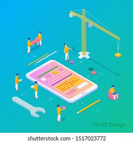 UI UX Design App Development Isometric Flat vector illustration. People working building interface in Mobile Phone Smartphone.