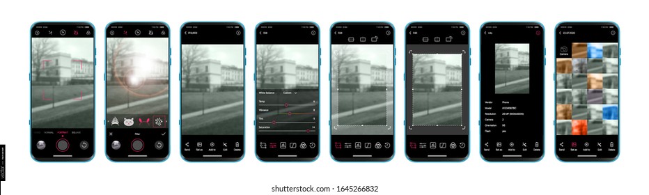 UI UX Design camera app for mobile. Shooting modes and advanced settings. Mobile app design. Mockups Set