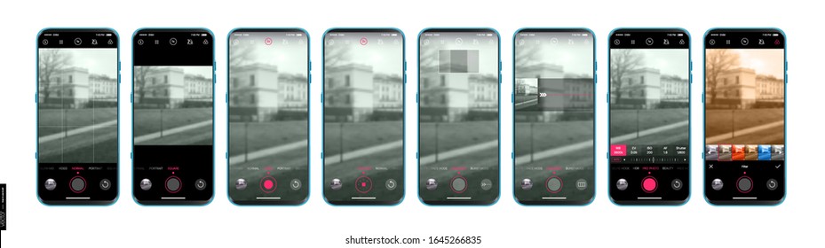 UI UX Design camera app for mobile. Shooting modes and advanced settings. Mobile app design. Mockups Set