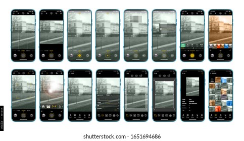 UI UX Design camera app for mobile. Shooting modes and advanced settings. Mobile app design. Mockups Set