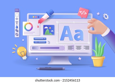 Ui UX design concept 3D illustration. Icon composition with computer display with drawing graphic elements, generate ideas, creating usability interface. Vector illustration for modern web design