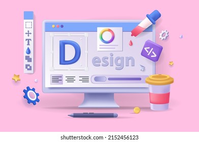 Ui UX design concept 3D illustration. Icon composition with computer display with process of making site layout or app interface, creating graphic elements. Vector illustration for modern web design