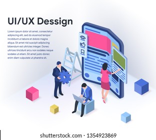 UI / UX design concept with character and text place. Modern flexible phone in 3d isometric style. Teamwork on the application. Vector illustration isolated on white background.