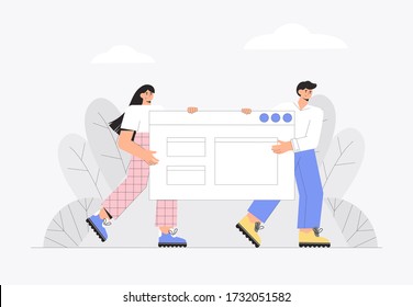 UI UX design concept of creating an application and teamwork. Two people hold the application window.  Flat modern style vector illustration.