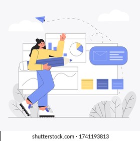 UI UX design concept of creating an application. Process of creating website template and programming. Happy young smiling female character holds a large pencil and presents the project. 