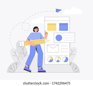 UI UX design concept of creating an application. Process of creating website template and programming. Happy young smiling male character holds a large pencil and presents the project. 