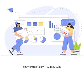 UI UX design concept of creating an application. Happy young smiling woman is holding an envelope with a letter, and a female character is holding a large pencil. Flat style vector illustration.