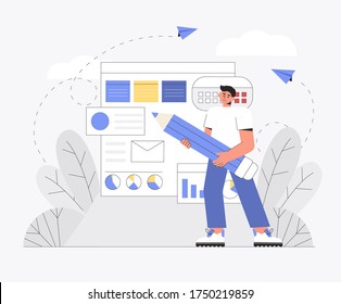 UI UX design concept of creating an application. Design and development business vector concept.Happy young smiling male character holds a large pencil and presents the project, table, infographics.  