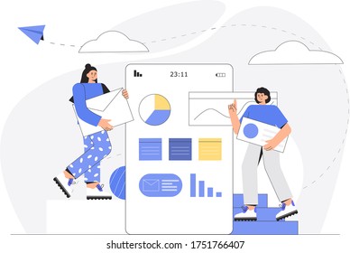 UI UX design concept of creating an application. Happy young smiling man and woman character holds a large pencil and presents the project, table, infographics. Flat style vector illustration.  