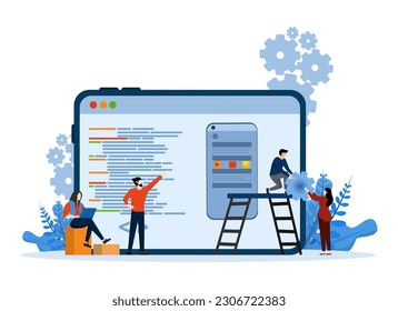Ui UX design concept, with developer team create custom design for mobile app, Suitable for landing page, UI, web, app intro card, editorial, flyer and banner Flat Vector Illustration.