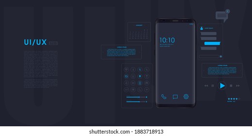 UI or UX design concept, illustration of smartphone, mobile app or website with multiple option. Black smartphone in black background. Vector illustration