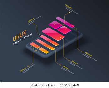UI or UX design concept, isometric illustration of smartphone, mobile app or website wireframe with multiple option.