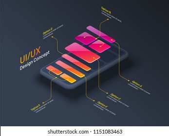 UI Or UX Design Concept, Isometric Illustration Of Smartphone, Mobile App Or Website Wireframe With Multiple Option.