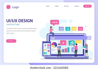 UI UX design concept, UI UX landing page website flat vector template