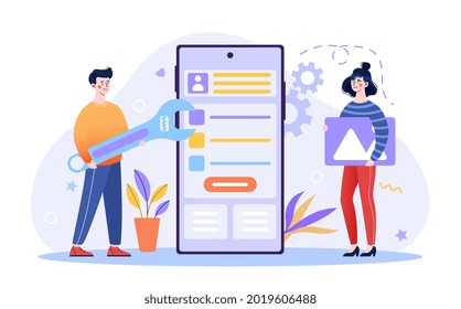 concepto de diseño de interfaz de usuario o UX. Hombre y mujer están desarrollando diseño para aplicaciones en teléfonos inteligentes grandes. Belleza y facilidad de uso. Dibujo vectorial plano colorido aislado en fondo blanco