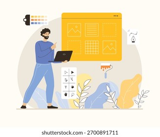 Conceito de design UX da interface do usuário. Man criar layout e otimizar elementos, testando interface de aplicativo do usuário. Ilustração de vetor plano.	
