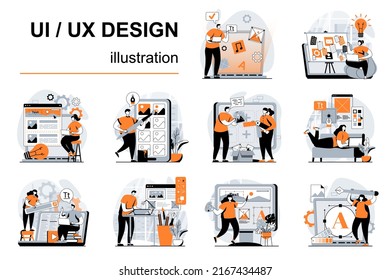 UI UX design concept with people scenes set in flat design. Women and men create and optimize layouts at screens, testing user app interface. Vector illustration visual stories collection for web
