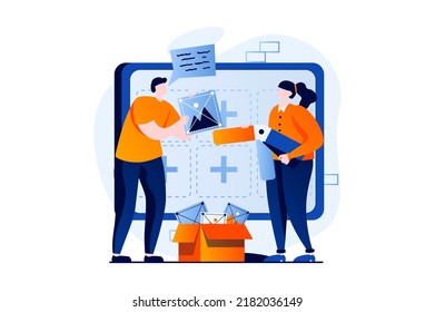 Ui ux design concept with people scene in flat cartoon design. Man and woman create elements for user interface, place buttons on layout for applications. Vector illustration visual story for web