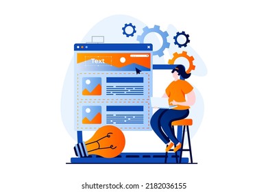Ui ux design concept with people scene in flat cartoon design. Woman designer creates user interface, working with layout using laptop, generating new ideas. Vector illustration visual story for web