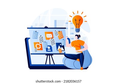 Ui ux design concept with people scene in flat cartoon design. Woman designer creates user interface using laptop, brainstorming and generating new ideas. Vector illustration visual story for web